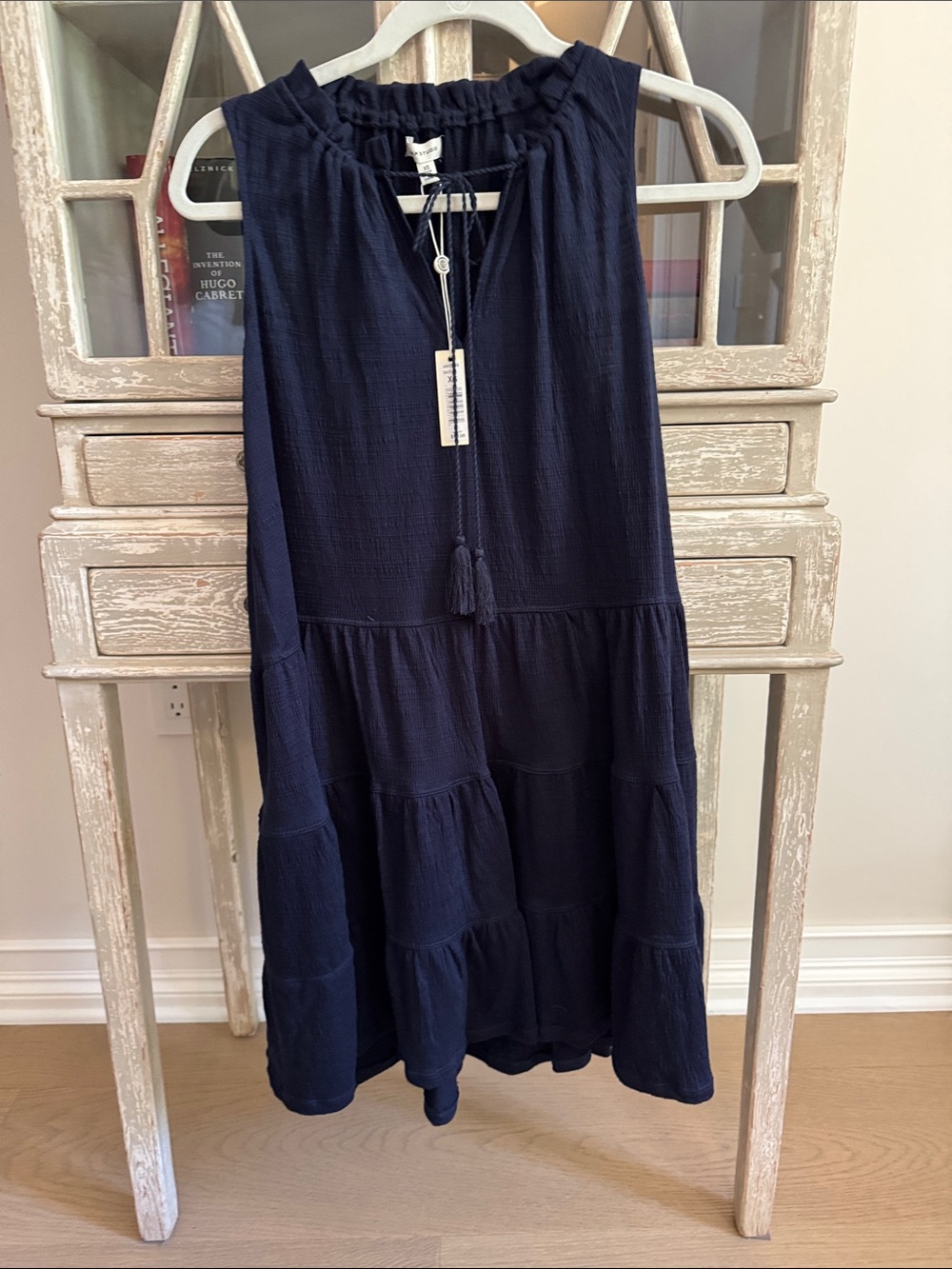 Max Studio Navy Tiered Dress with Tassel Tie